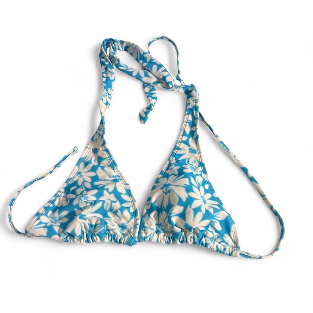 No Boundaries Blue White Floral Triangle Bikini Top Halter Swim L 11-13 Tropical